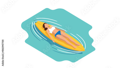 Woman relaxing on paddleboard in calm blue water in isometric style