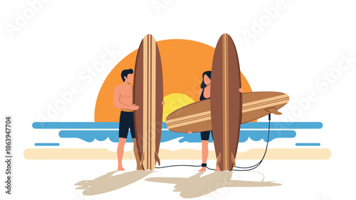 Surfers at sunset beach with boards and ocean waves background