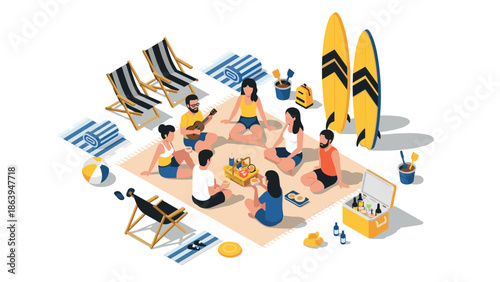 Isometric beach picnic gathering with friends and surfboards