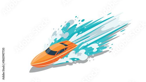 Orange speedboat racing through blue waves with dynamic splash effect