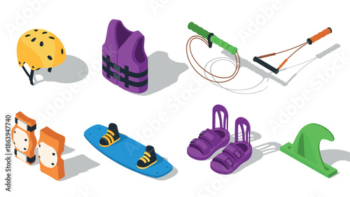 Isometric water sports gear collection featuring helmet, life vest, and wakeboard
