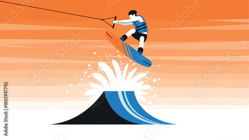 Dynamic wakeboarding action on vibrant waves in minimalist style