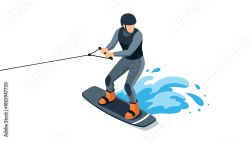 Isometric wakeboarder riding waves in dynamic water sports scene
