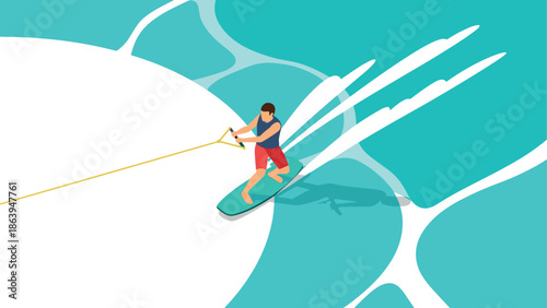 Isometric wakeboarding scene with splashing water and vibrant colors in summer