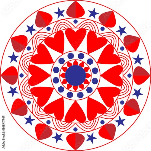 Intricate red and blue mandala design isolated on white background