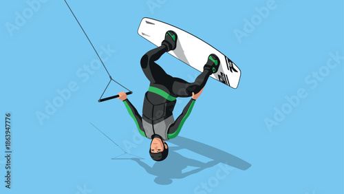 Upside down wakeboarding trick: athlete in action over water in flat design
