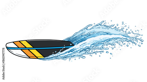 Dynamic surfboard with splashing water in motion art