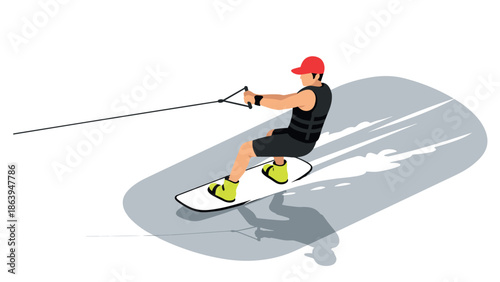 Flat style wakeboarder in red cap gliding on water with shadow
