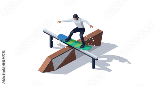 Isometric snowboarder grinding rail on geometric ramp in dynamic winter scene