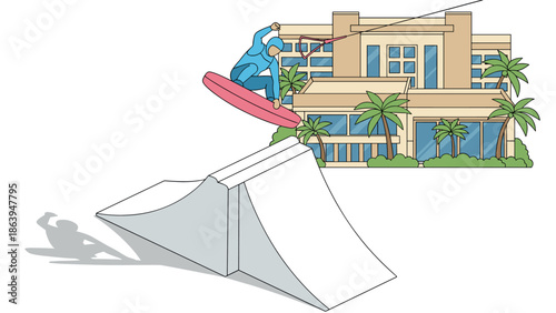 Wakeboarder performing trick near modern waterfront mansion