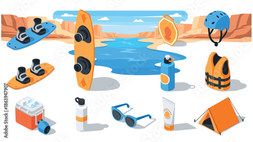 Isometric outdoor adventure gear by the river with helmets, boards, and camping essentials
