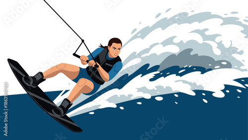 Dynamic water sports scene: woman kitesurfing with splashes in modern style