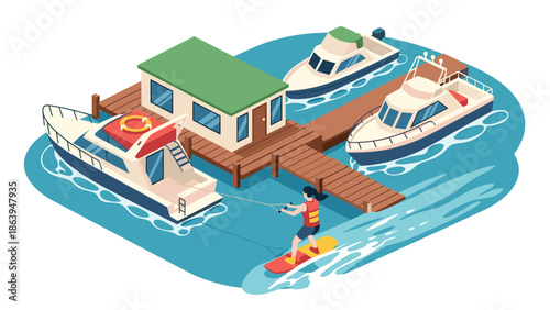 Isometric summer harbor scene with boating and waterskiing adventure