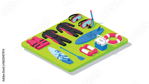 Essential flat isometric water sports gear set on a green background