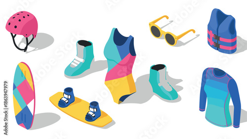 Vibrant isometric water sports gear collection featuring colorful equipment