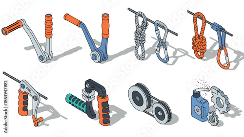 Isometric climbing gear set with handheld cable grips, pulley, and carabiners