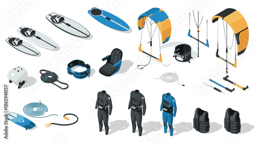 Isometric water sports equipment collection for adventure enthusiasts