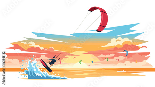 Kitesurfing adventure in vibrant sunset with dramatic ocean waves