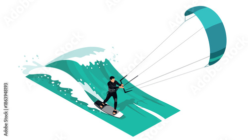 Dynamic isometric kitesurfing adventure on ocean waves with kiteboard
