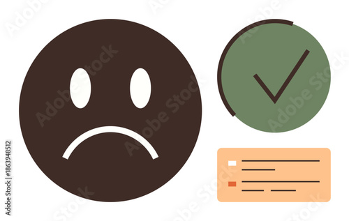 Feedback, evaluation, task management, emotions, productivity, decision-making. Sad face, green checkmark and task list. Feedback and evaluation concept for productivity and emotions