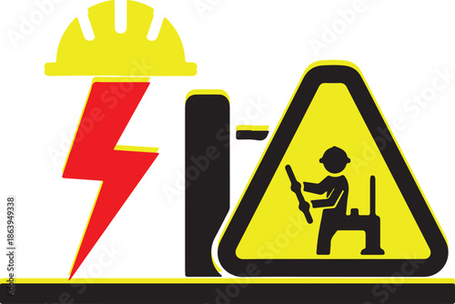High Voltage Warning Symbol Minimalist Illustration for Industrial Site Alert, construction site management, high-voltage warning signage, and occupational health and safety (OHS) training materials.