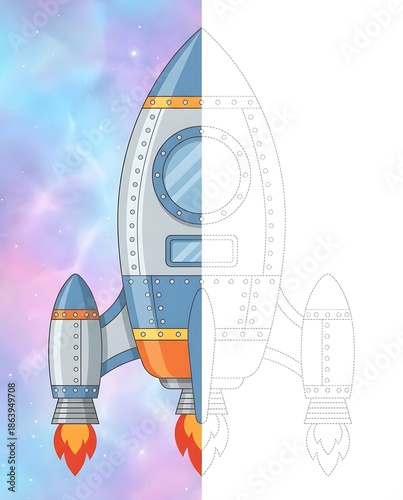 space shuttle launch to galaxy, illustration for drawing the other half- symmetry worksheet