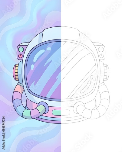 Astronaut helmet illustration, spacesuit gear for mirror drawing and coloring worksheet