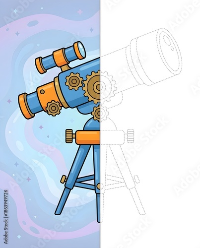 telescope illustration, space observation tool - scientific exploration, classroom symmetry worksheet for kids