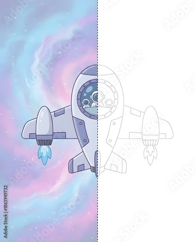 illustration of spaceship among nebula cloud, symmetry drawing activity worksheet for classroom