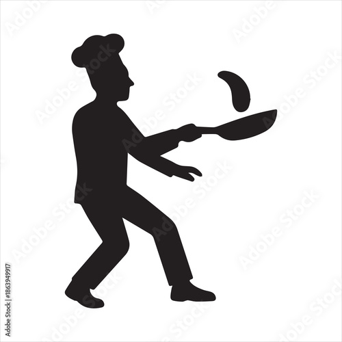 Silhouette chef flips pancake black and white Illustration Vector