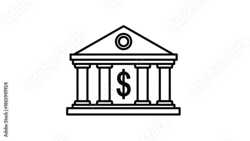 Simple line illustration of a bank building with dollar sign.