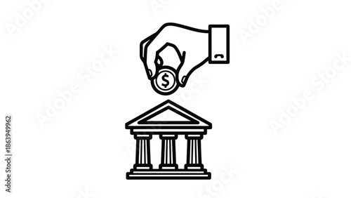 Hand depositing coin into bank building.