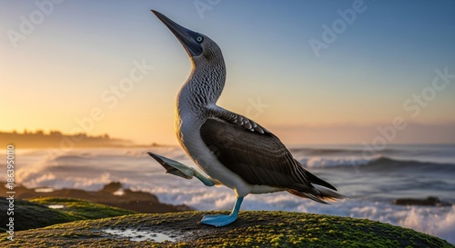 Blue-footed booby standing on rock, raising a foot, with ocean background at sunrise