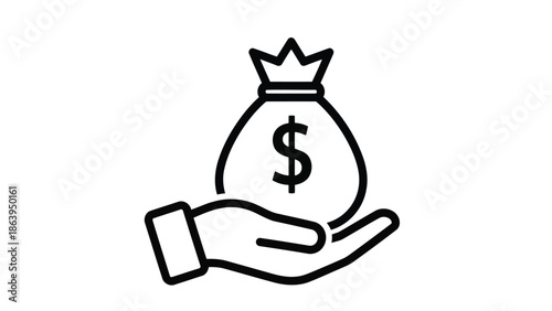 Hand holding a money bag with a dollar sign and crown.
