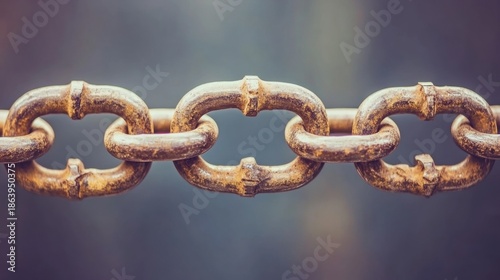 A close up view of a rusty metal chain with interlocking links against a blurred background