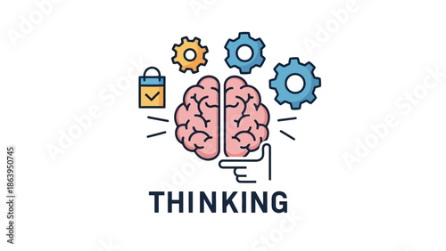 Thinking process with brain and gears