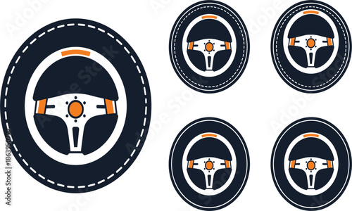 Car Steering Wheel Icon Set with Racing Design and Circular Border for Automotive App and Games.