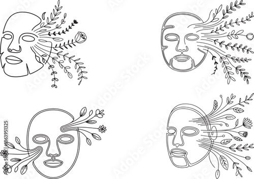 Botanical skincare outline vector art, LED mask, tiny leaves and flower petals line art, natural beauty linear