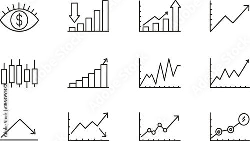 Financial Data Analysis Icon Set Featuring Stock Market Trends, Growth Charts, and Candlestick Graphs.