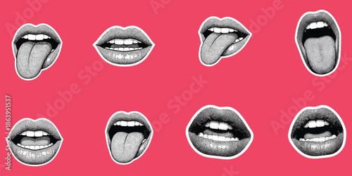 Set of eight stylized mouths with tongues out and lips parted on pink background