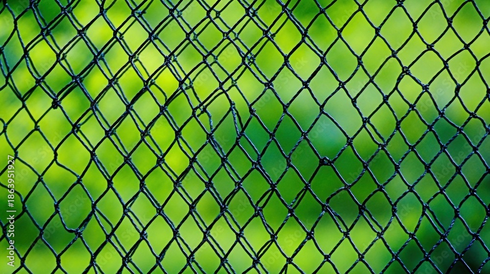 Fototapeta premium A Close Up View Of Black Reinforced Netting Stretched Taut Against A Blurred Green Background Of Garden Foliage