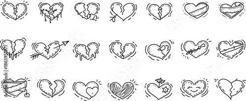 Hand Drawn Broken and Healing Heart Doodle Icons Set