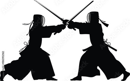 Black Silhouette of Two Kendo Fighters Fencing with Bamboo Swords in Traditional Japanese Martial Arts Armor Isolated on White Background