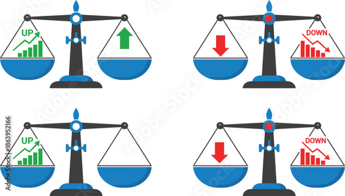 Financial Market Balance Concept with Comparison Scales Showing Stock Growth Up and Market Decline Down.