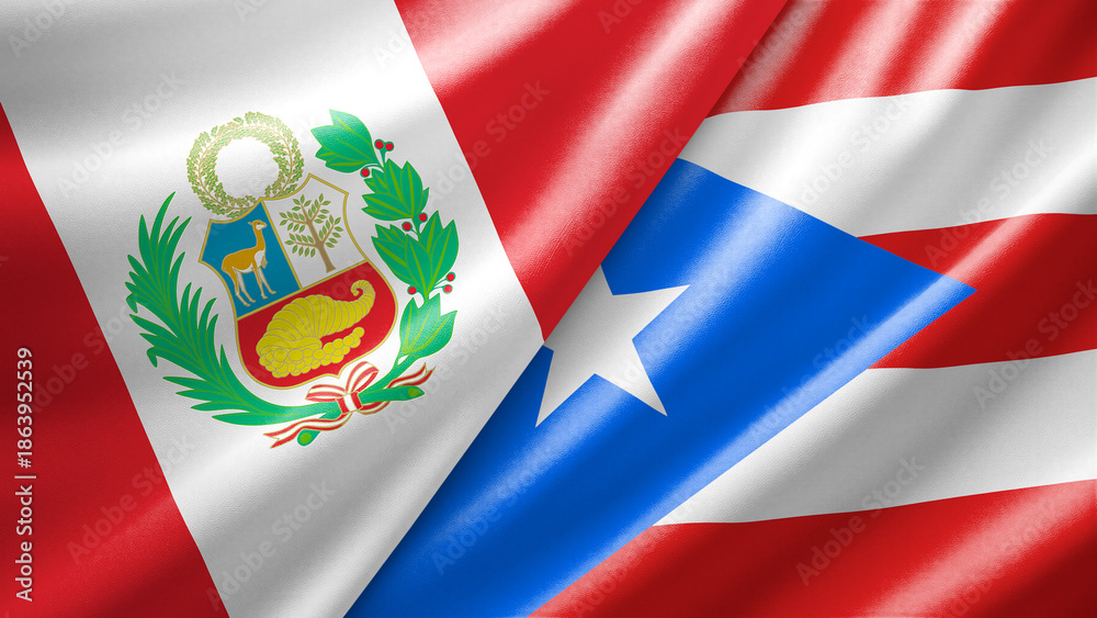 Naklejka premium Peru and Puerto Rico two national flags filling the entire frame, close-up view, edge-to-edge composition
