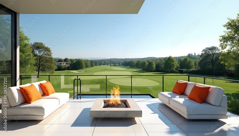 Fototapeta premium Modern balcony with white couches and orange cushions overlooks a green golf course. A square fire pit offers warmth and ambiance with bright flames burning. Perfect for luxury outdoor living.