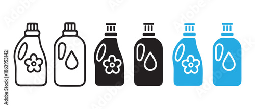 Laundry Detergent Bottle Icons. Line Art, Black, Blue with Flower and Droplet Designs.