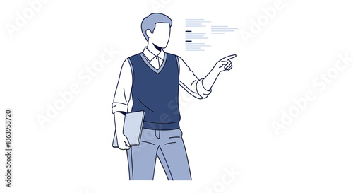 A male professional in a sweater vest points towards an interactive digital display, illustrating a concept of modern presentation or instruction.