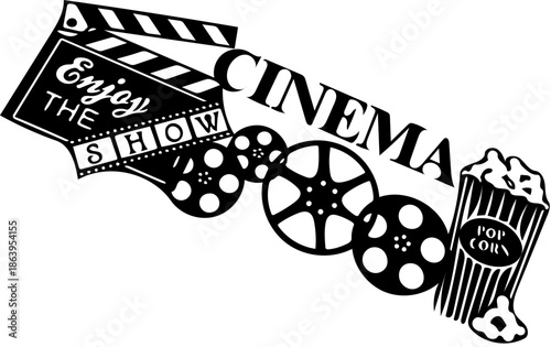 Cinema experience with popcorn and film reels on a white background