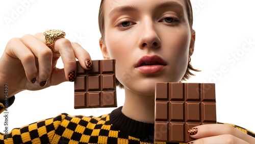 Woman Holding Two Milk Chocolate Bars on White Background